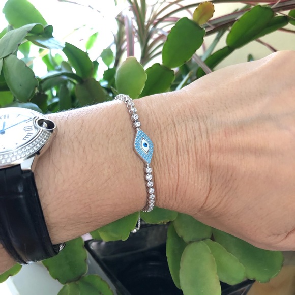 EVIL EYE Dainty 925 Sterling Silver Cz Rhinestone w Enamel Adjustable Bracelet - Picture 8 of 12